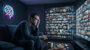 Frustrated person scrolling TV screen image